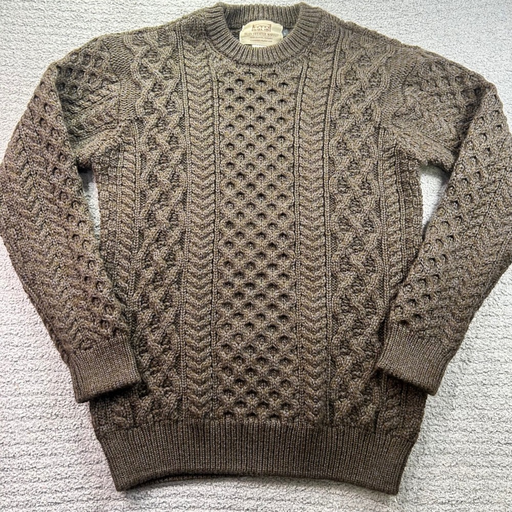 Aran Sweater Market Ireland 100 virgin wool cable Knit Wool Sweater Brown L VTG